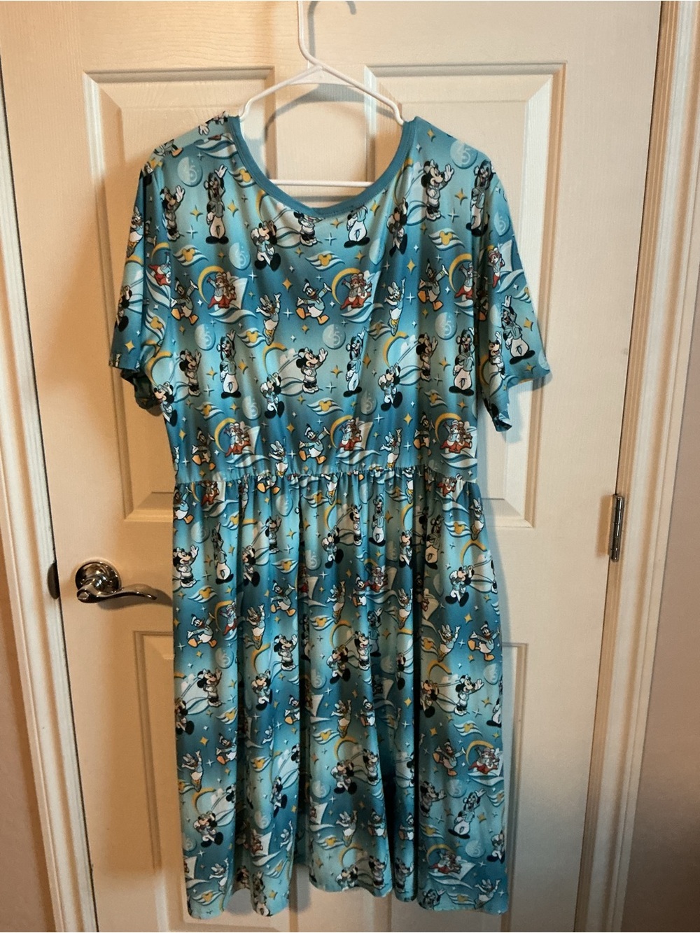 Disney Blue Cartoon-Print Midi Dress with Gathered Waist and pockets